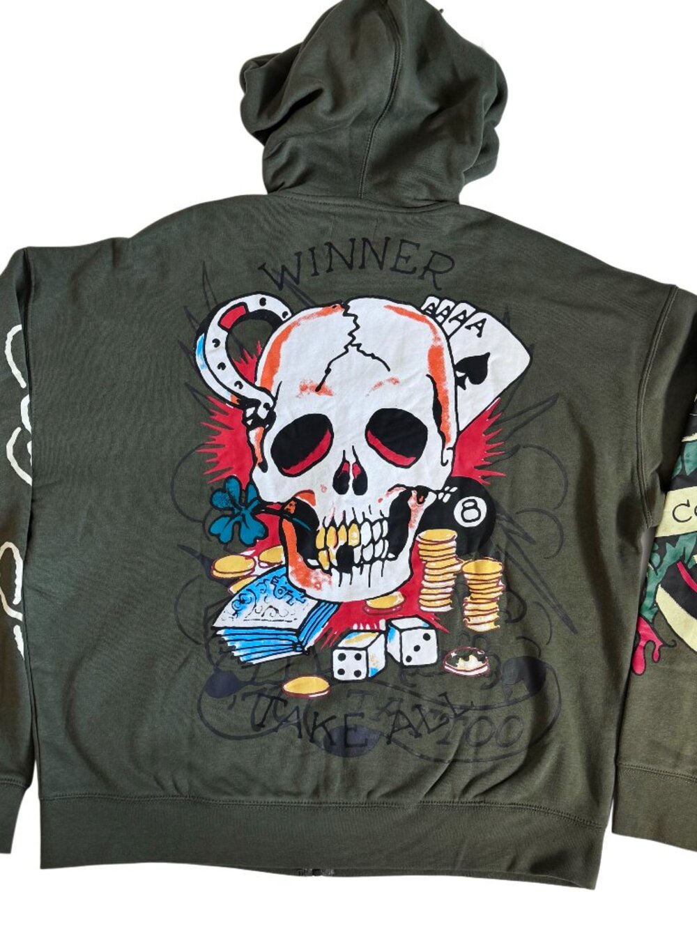 Ed Hardy Men's Hoodie Large Army Green Full Zip Skull Graphic Streetwear NWT